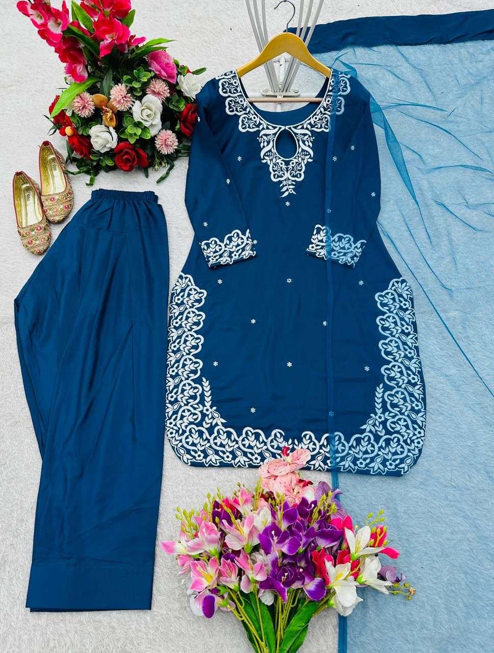 HOS WW-1203 Crepe Satin Farshi Set with Embroidered Top & Net Dupatta