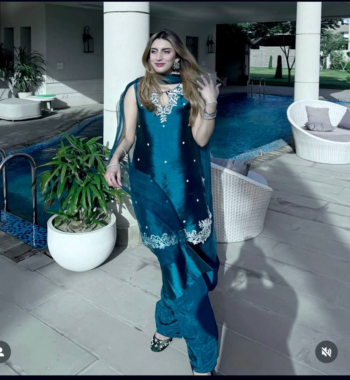 HOS WW-1203 Crepe Satin Farshi Set with Embroidered Top & Net Dupatta
