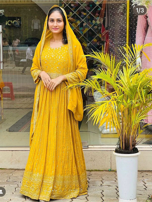 HOS WW-1207 Fox Georgette Gown Set with Embroidery & Dupatta