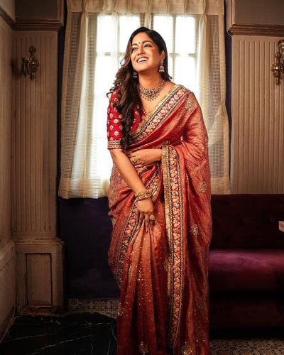 Heavy Banarasi Crush Saree – Sequins & Coding Embroidery Work with Ready Lace Border | House of ShiVisha™ | Code: KK-GRIVA - 