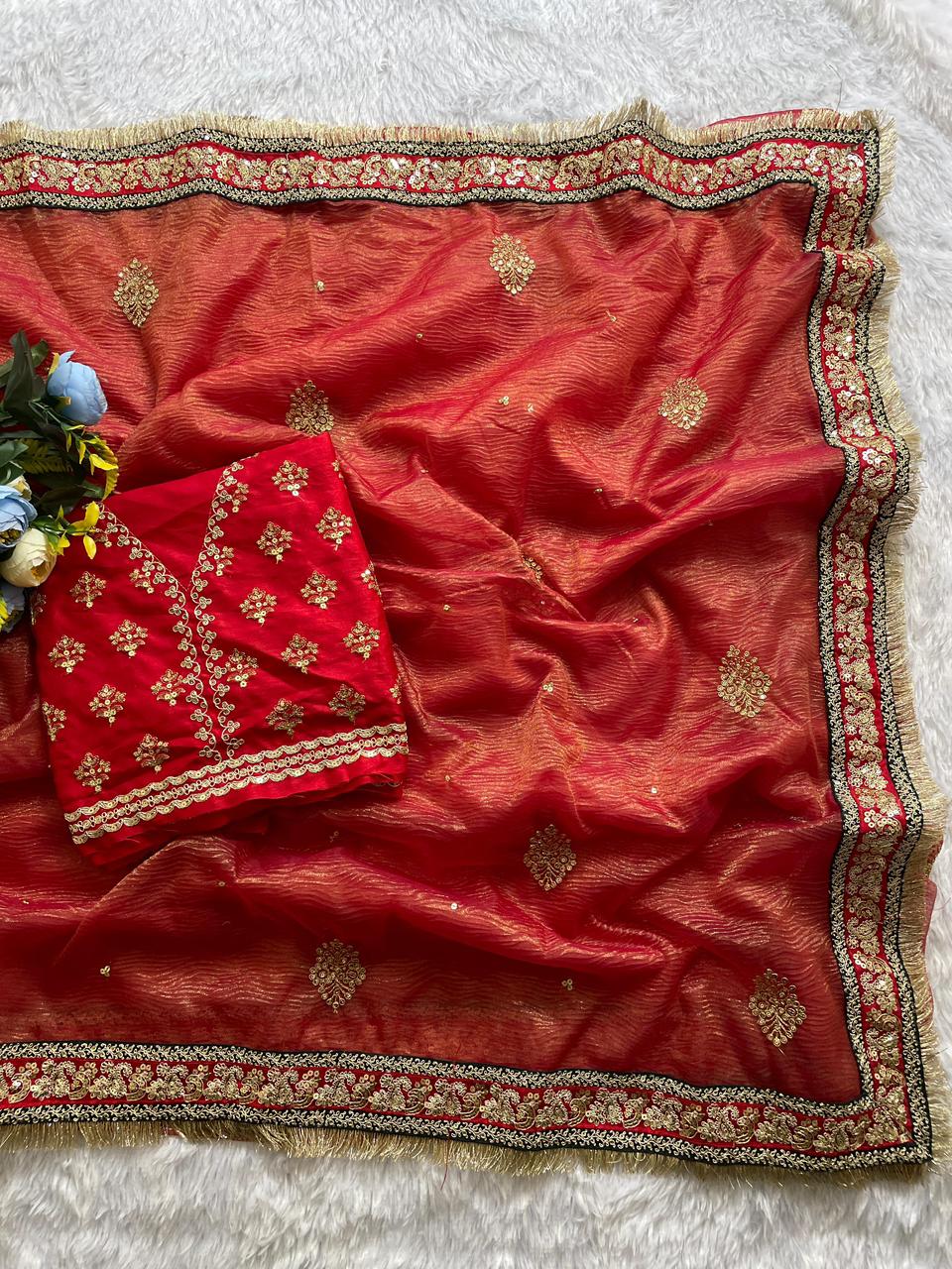 Heavy Banarasi Crush Saree – Sequins & Coding Embroidery Work with Ready Lace Border | House of ShiVisha™ | Code: KK-GRIVA - 