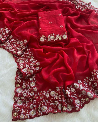 Heavy Crush Silk Saree – Multi Thread & Sequins Embroidery C-Pallu with Cutwork Border | House of ShiVisha™ | Code: KK-KRITIKA