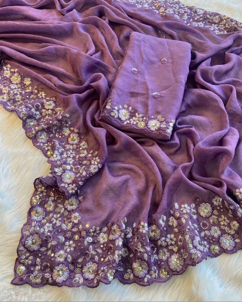 Heavy Crush Silk Saree – Multi Thread & Sequins Embroidery C-Pallu with Cutwork Border | House of ShiVisha™ | Code: KK-KRITIKA