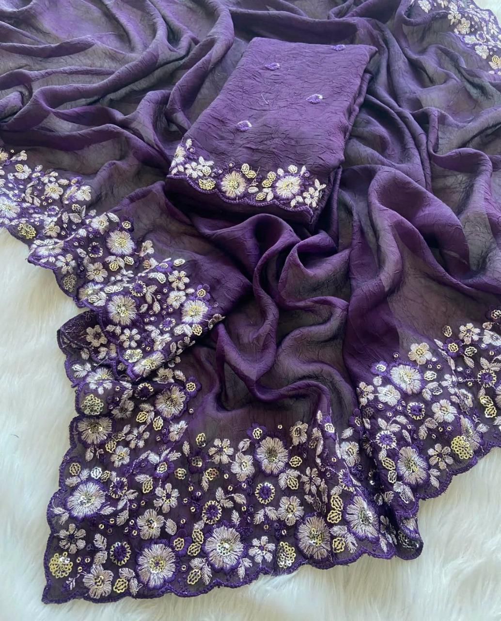 Heavy Crush Silk Saree – Multi Thread & Sequins Embroidery C-Pallu with Cutwork Border | House of ShiVisha™ | Code: KK-KRITIKA