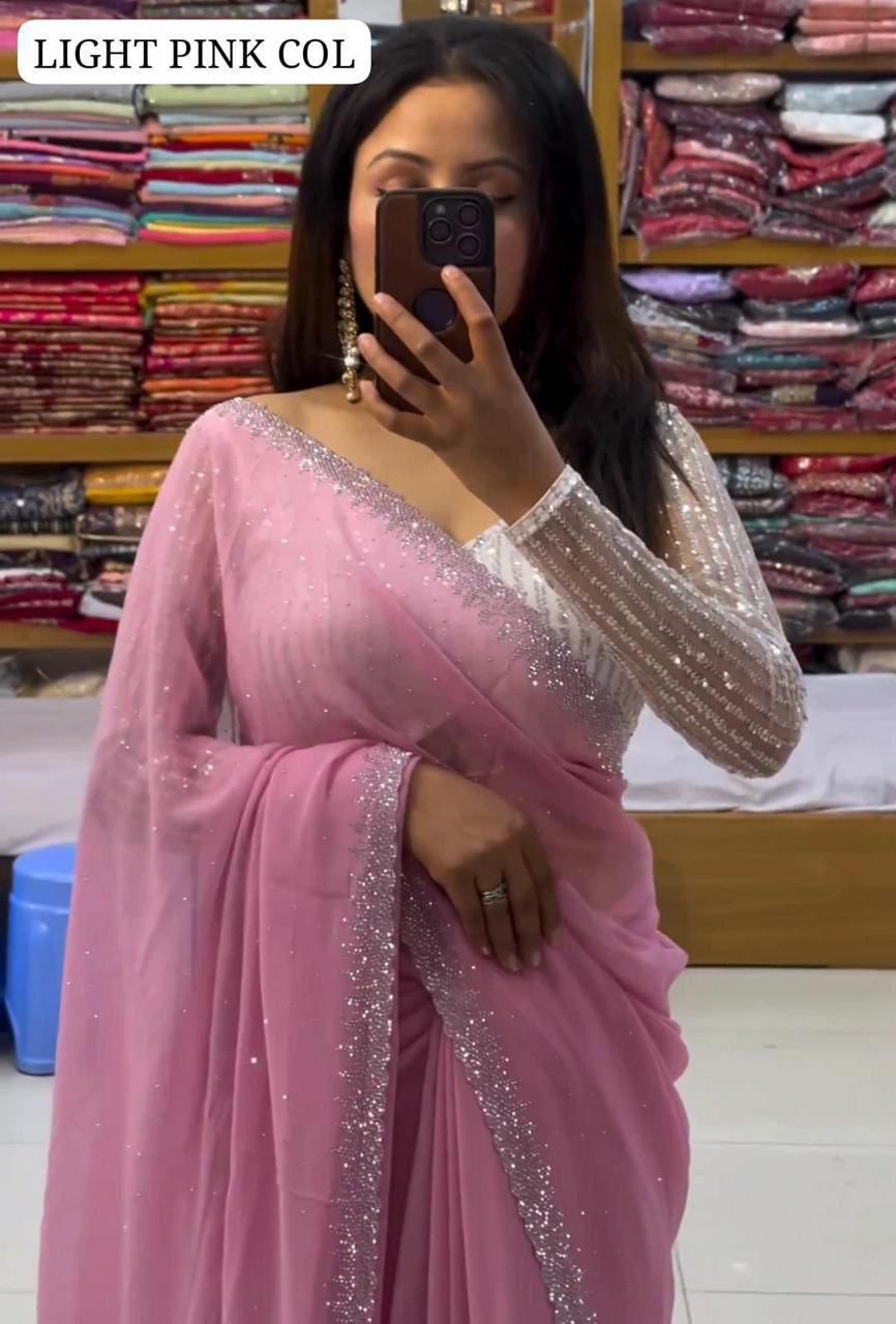 Heavy Georgette Saree – All Over Sirozski Work with Cutwork Border & Embroidered Blouse | House of ShiVisha™ | Code: KK-0234 