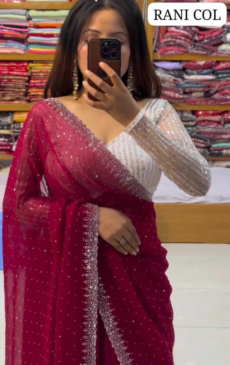 Heavy Georgette Saree – All Over Sirozski Work with Cutwork Border & Embroidered Blouse | House of ShiVisha™ | Code: KK-0234 