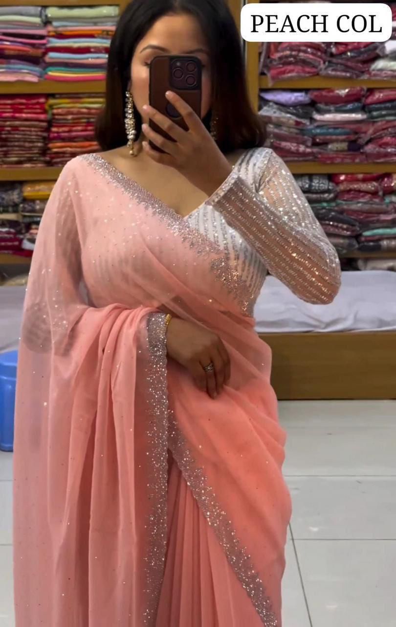 Heavy Georgette Saree – All Over Sirozski Work with Cutwork Border & Embroidered Blouse | House of ShiVisha™ | Code: KK-0234 