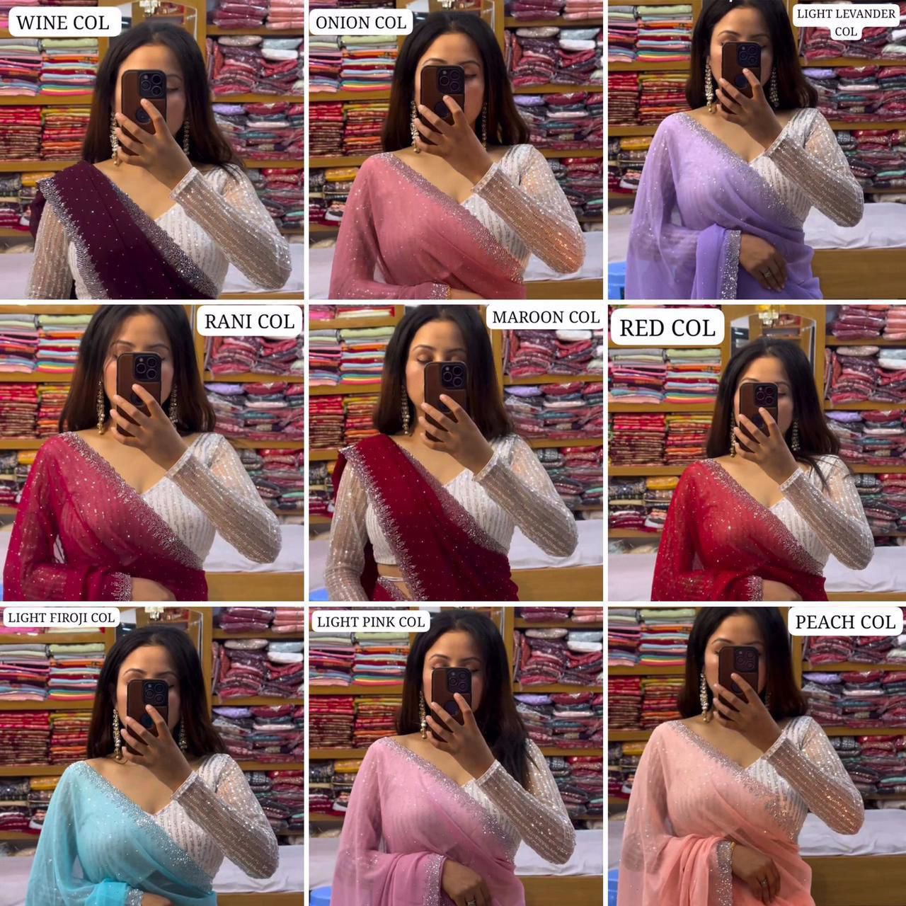 Heavy Georgette Saree – All Over Sirozski Work with Cutwork Border & Embroidered Blouse | House of ShiVisha™ | Code: KK-0234 