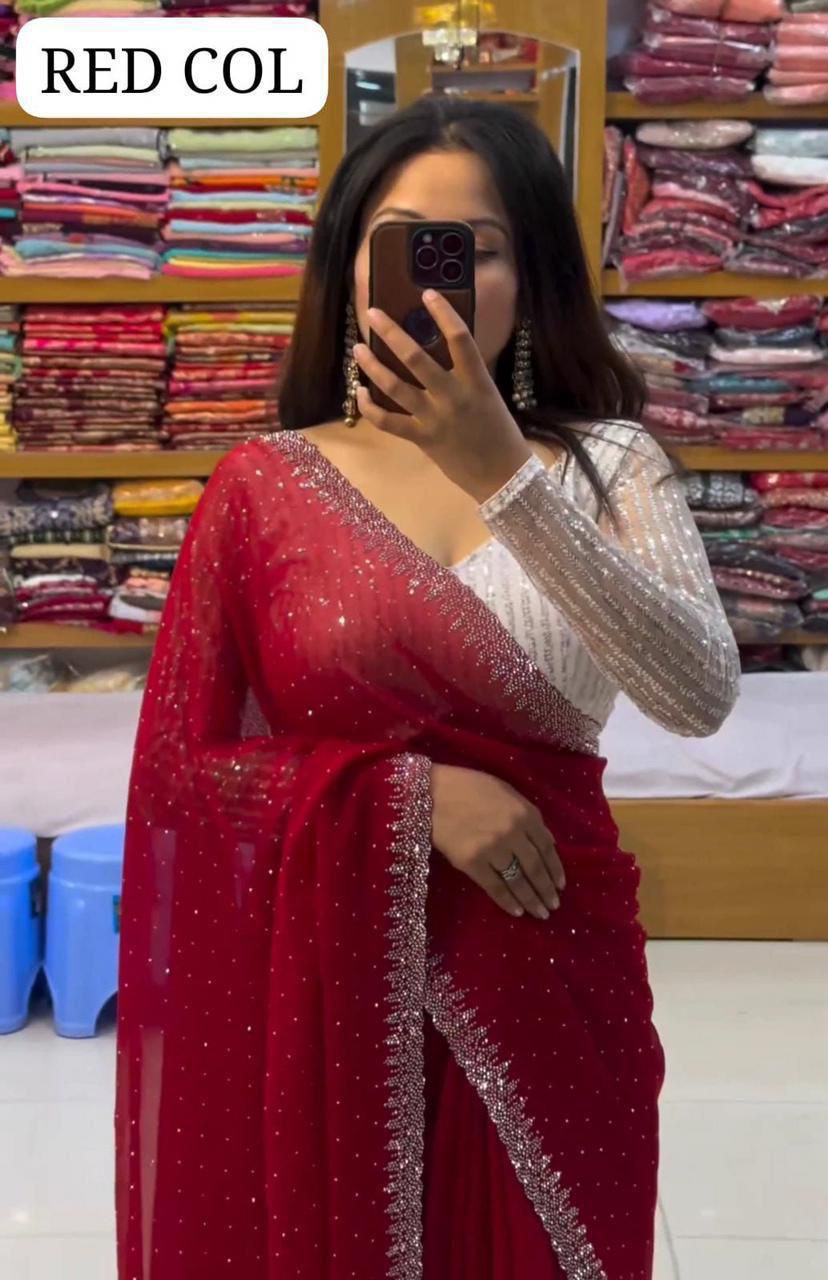 Heavy Georgette Saree – All Over Sirozski Work with Cutwork Border & Embroidered Blouse | House of ShiVisha™ | Code: KK-0234 