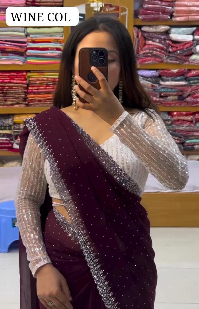 Heavy Georgette Saree – All Over Sirozski Work with Cutwork Border & Embroidered Blouse | House of ShiVisha™ | Code: KK-0234 