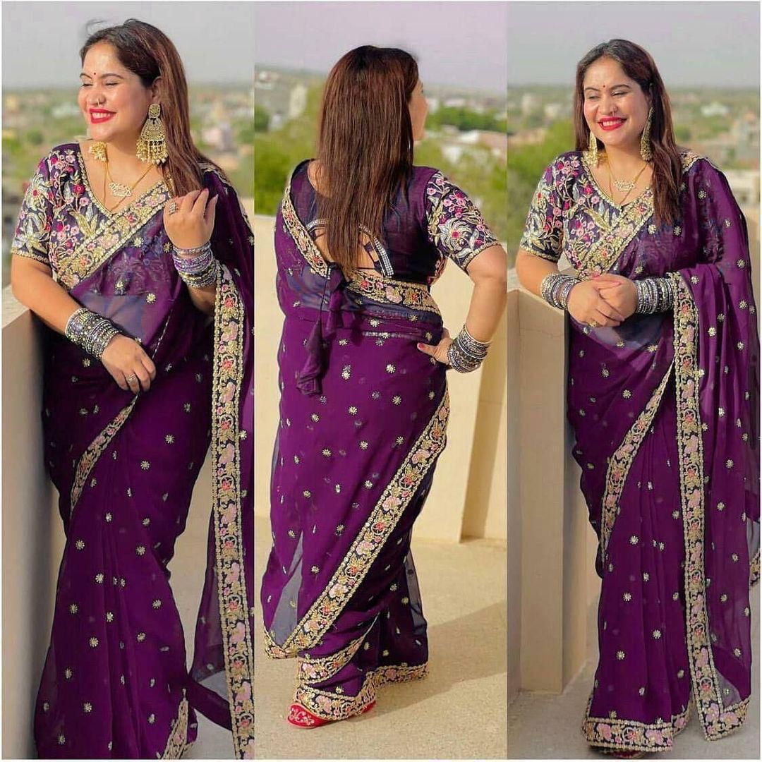 Heavy Georgette Saree – Embroidery Butti Work with Lace Border & Satin Banglory Blouse | House of ShiVisha™ | Code: KK-090