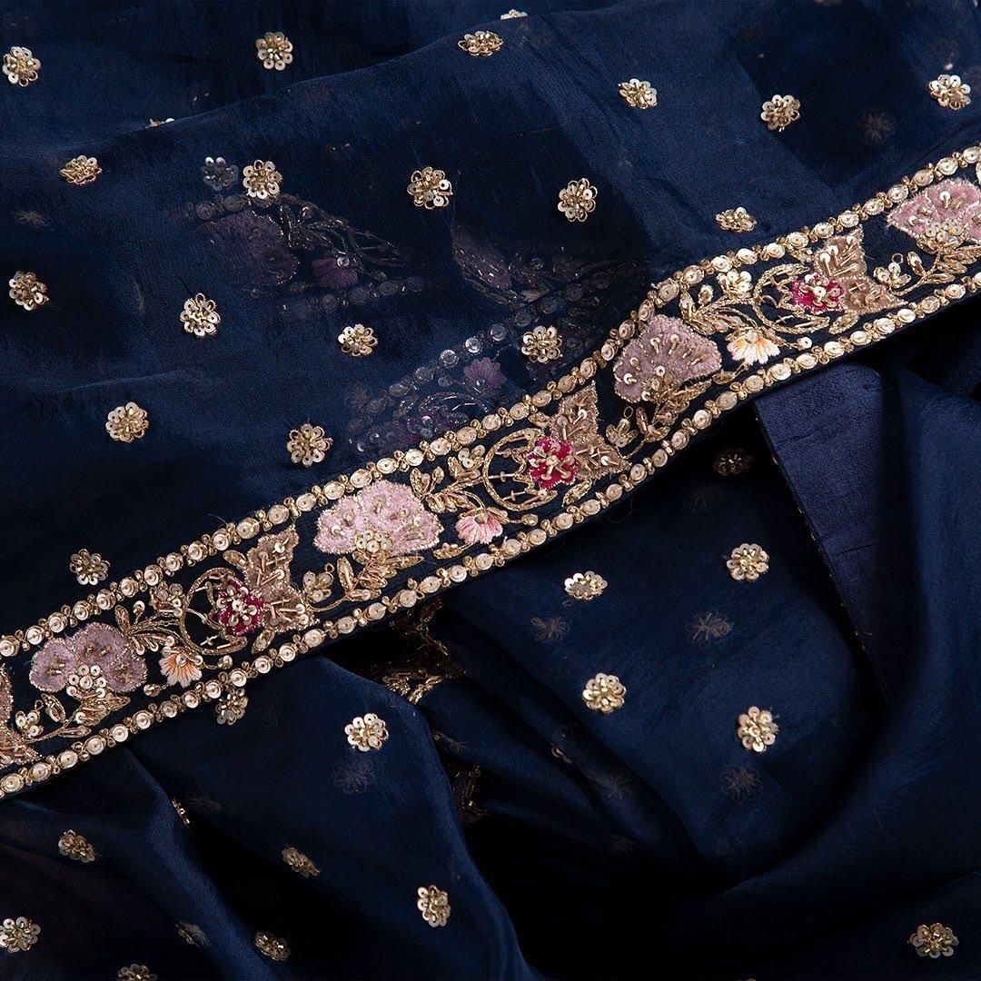 Heavy Georgette Saree – Embroidery Butti Work with Lace Border & Satin Banglory Blouse | House of ShiVisha™ | Code: KK-090