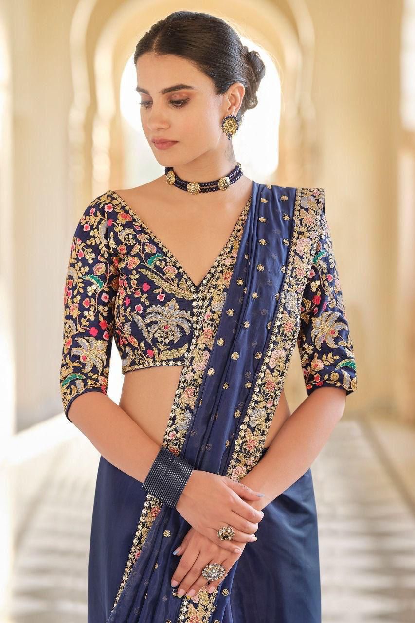 Heavy Georgette Saree – Embroidery Butti Work with Lace Border & Satin Banglory Blouse | House of ShiVisha™ | Code: KK-090