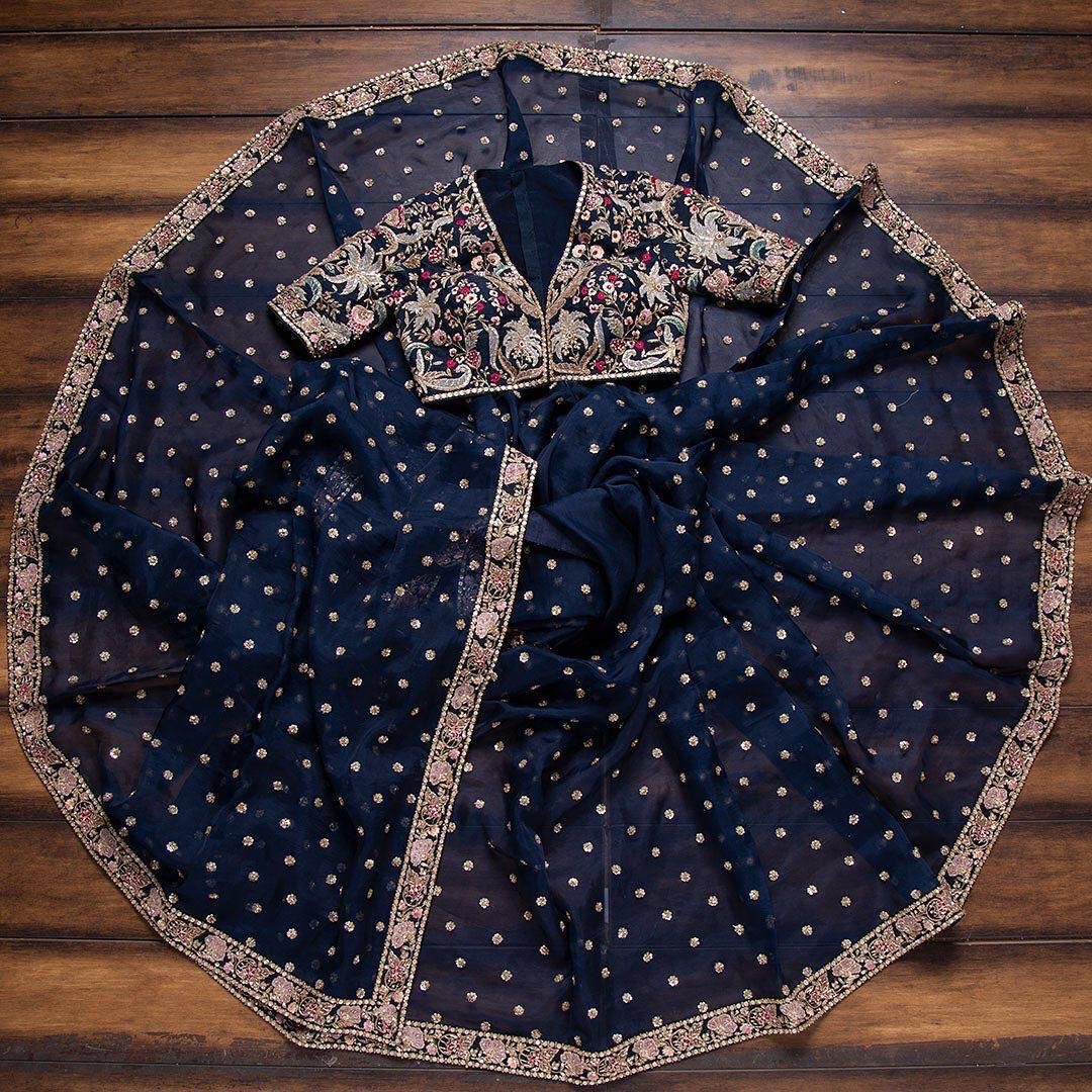 Heavy Georgette Saree – Embroidery Butti Work with Lace Border & Satin Banglory Blouse | House of ShiVisha™ | Code: KK-090