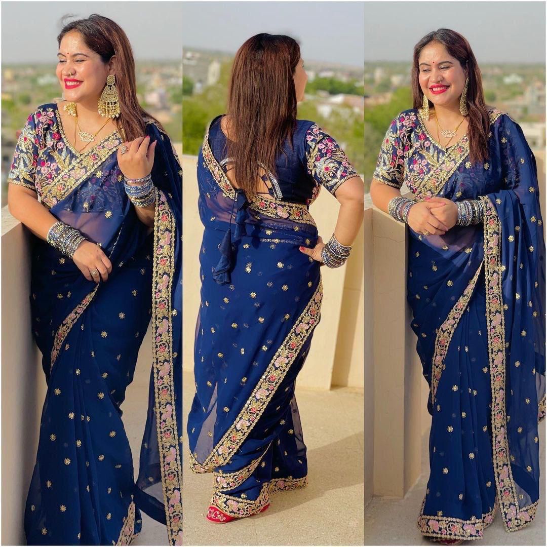 Heavy Georgette Saree – Embroidery Butti Work with Lace Border & Satin Banglory Blouse | House of ShiVisha™ | Code: KK-090