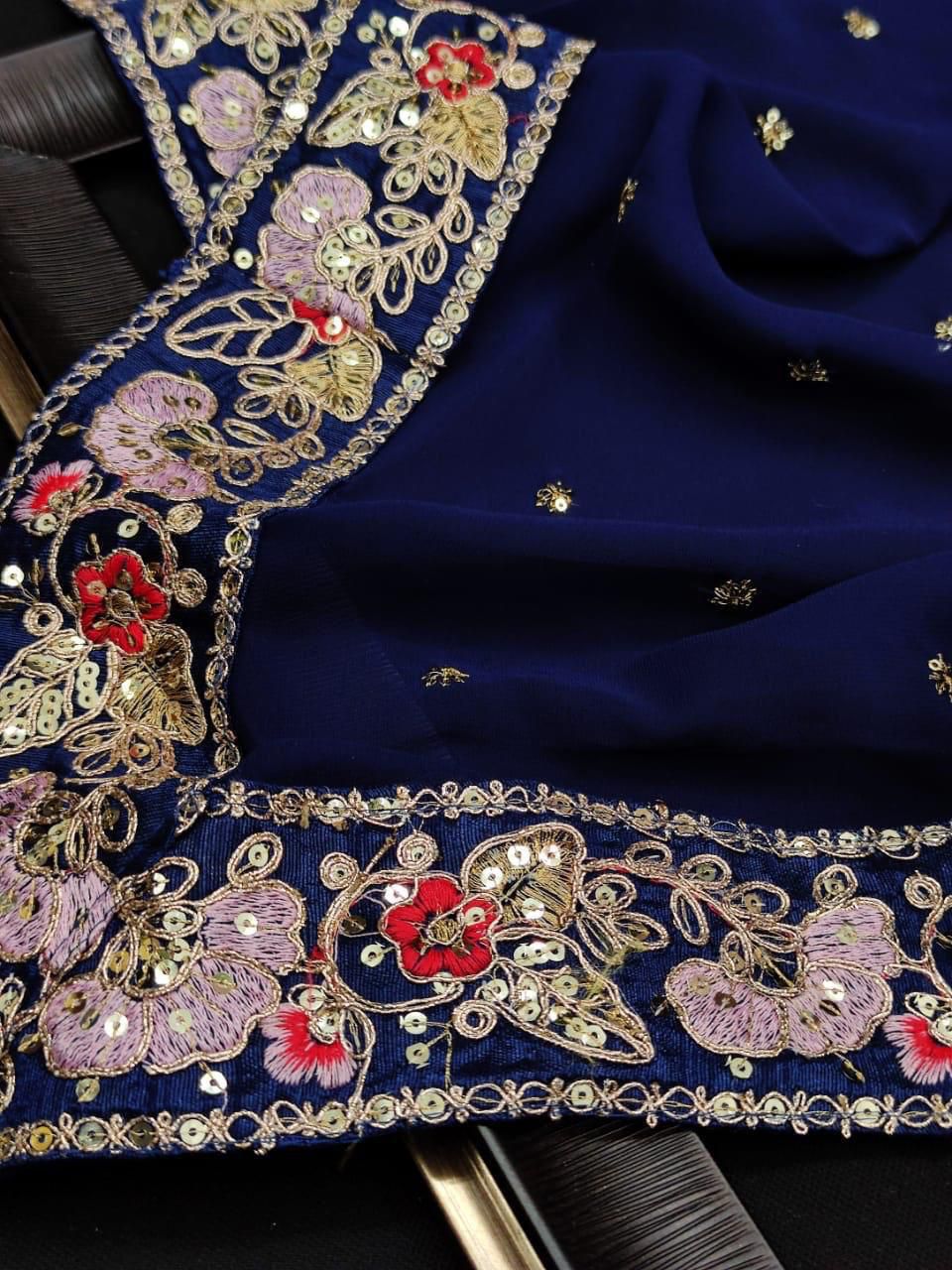 Heavy Georgette Saree – Embroidery Butti Work with Lace Border & Satin Banglory Blouse | House of ShiVisha™ | Code: KK-090