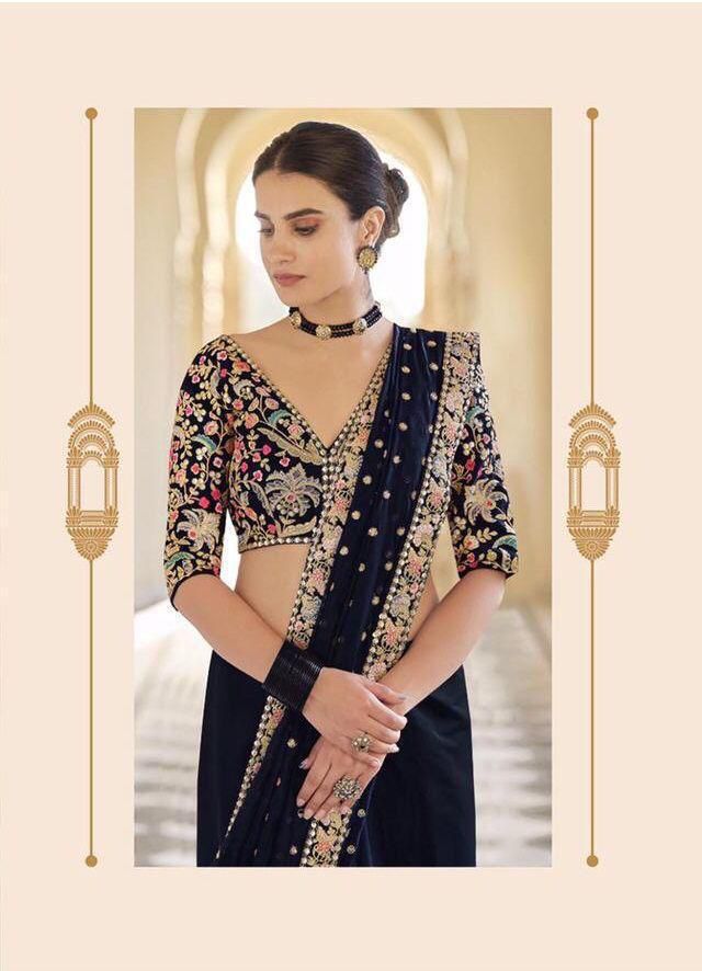 Heavy Georgette Saree – Embroidery Butti Work with Lace Border & Satin Banglory Blouse | House of ShiVisha™ | Code: KK-090