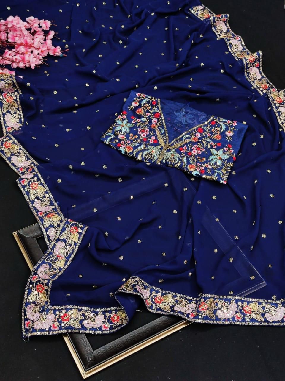 Heavy Georgette Saree – Embroidery Butti Work with Lace Border & Satin Banglory Blouse | House of ShiVisha™ | Code: KK-090