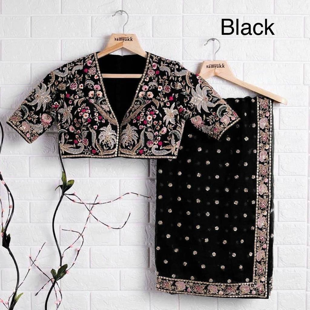 Heavy Georgette Saree – Embroidery Butti Work with Lace Border & Satin Banglory Blouse | House of ShiVisha™ | Code: KK-090