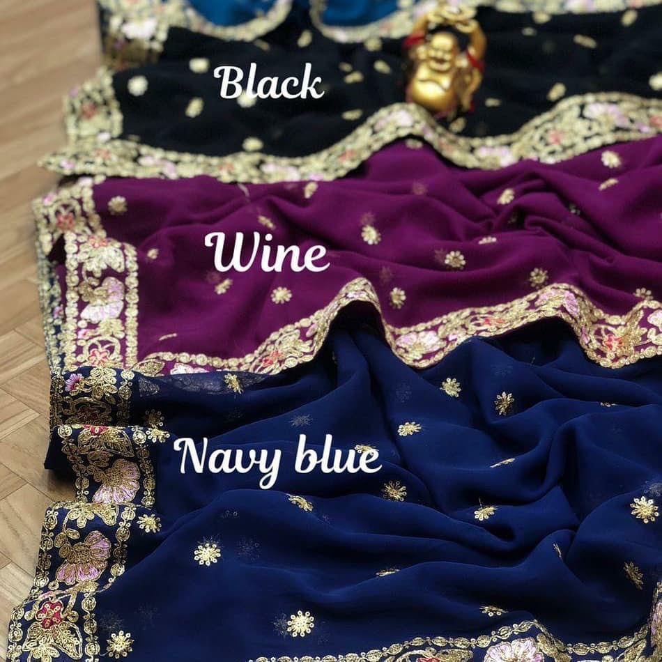 Heavy Georgette Saree – Embroidery Butti Work with Lace Border & Satin Banglory Blouse | House of ShiVisha™ | Code: KK-090