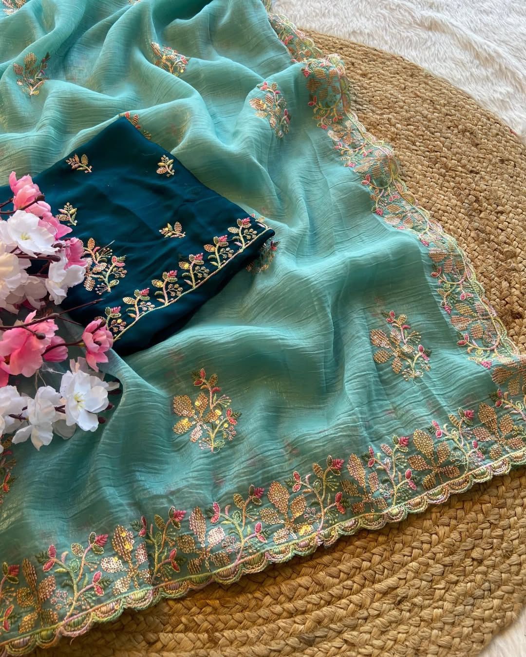 crunchy Designer Saree with Beautiful Sequence Embroidery C-Pallu Saree