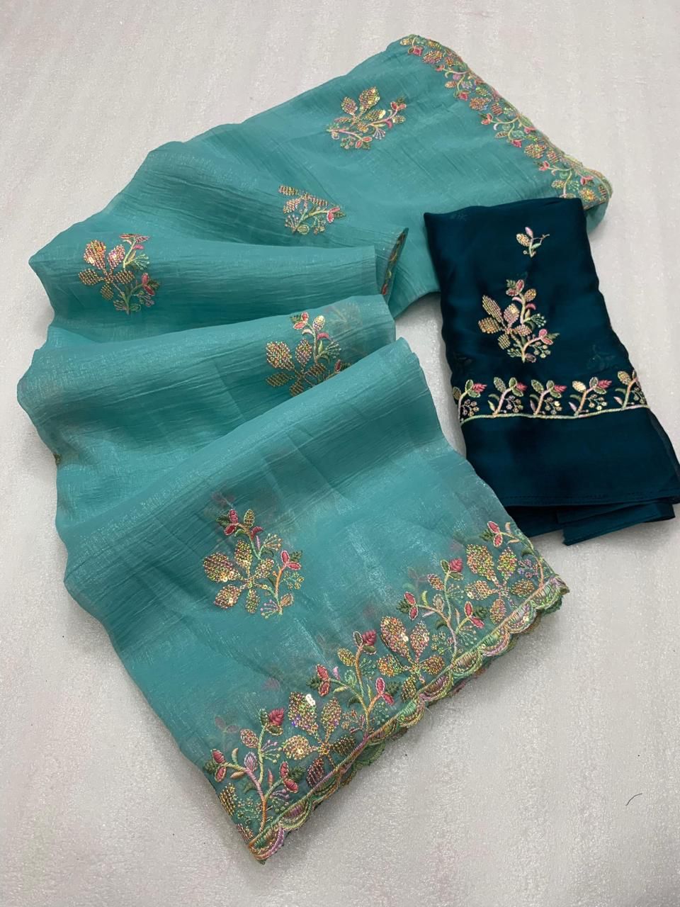 crunchy Designer Saree with Beautiful Sequence Embroidery C-Pallu Saree