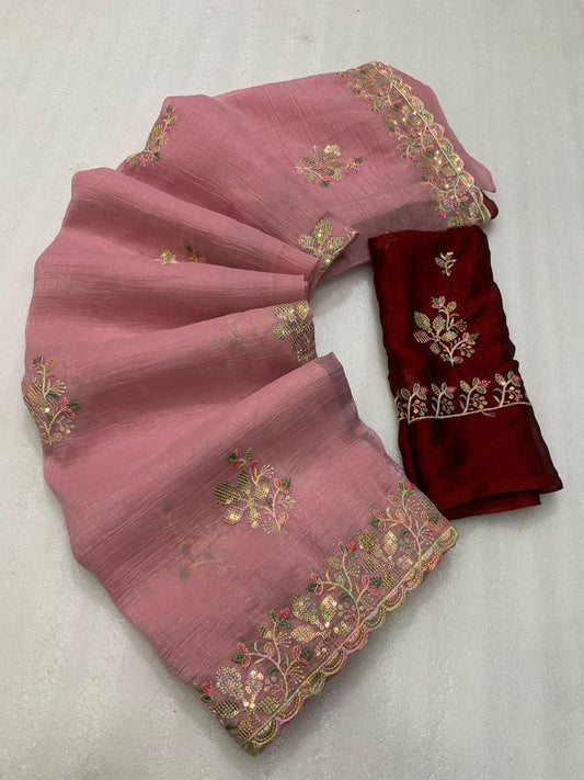 crunchy Designer Saree with Beautiful Sequence Embroidery C-Pallu Saree