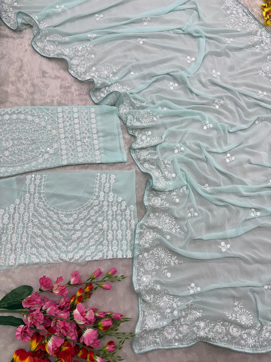 Premium Georgette Saree Embellished With Thread Embroidery And Beautiful Sequins Work