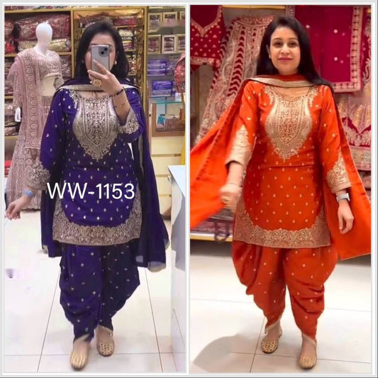 Pure Cinon Top-Dhoti and Dupatta Set Fully Stitched Ready To Wear