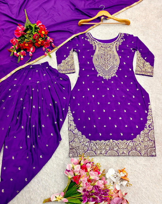 Pure Cinon Top-Dhoti and Dupatta Set Fully Stitched Ready To Wear
