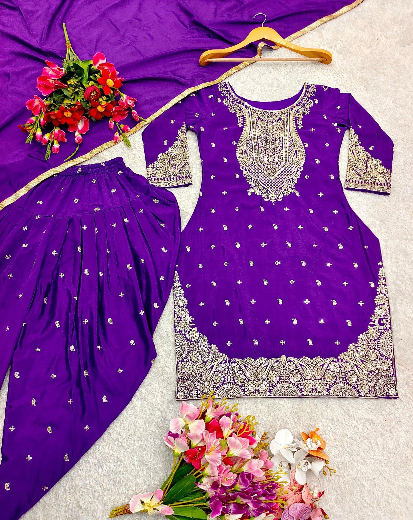 Pure Cinon Top-Dhoti and Dupatta Set Fully Stitched Ready To Wear
