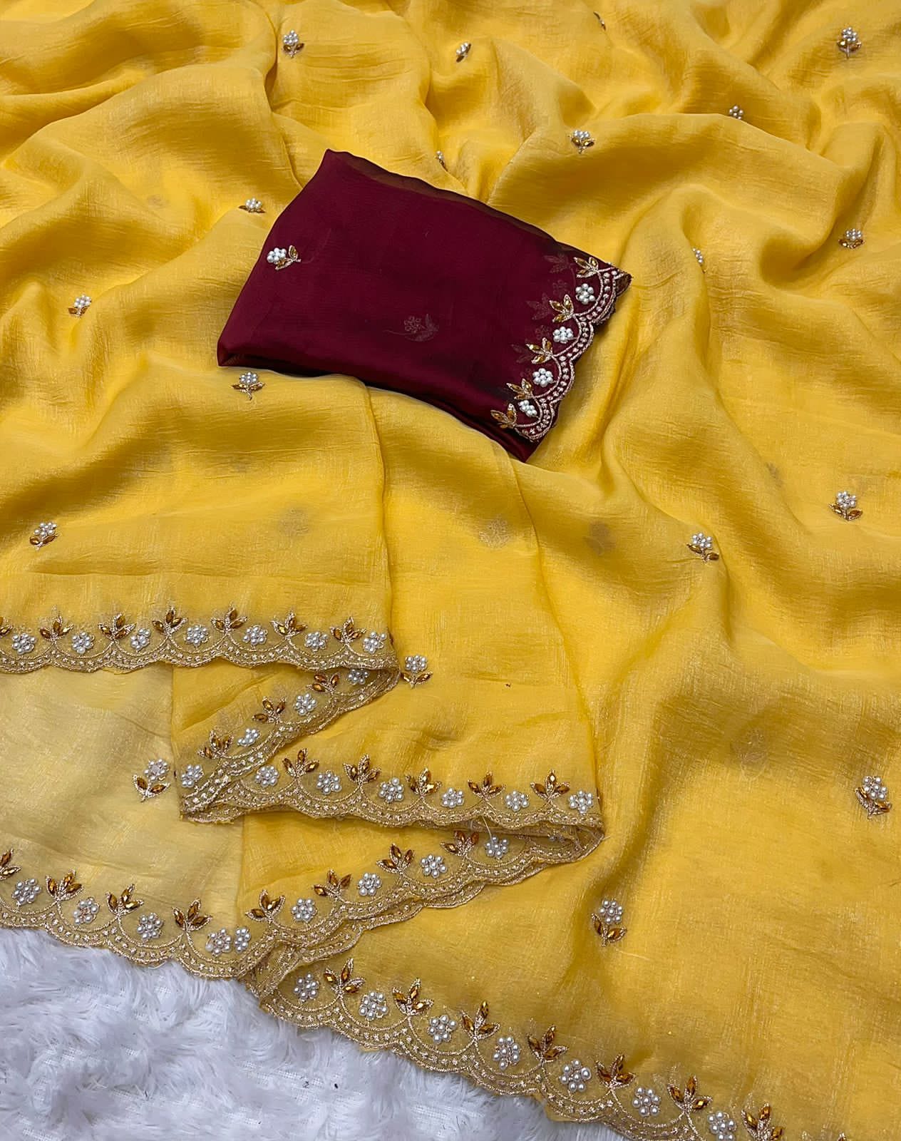 Crunchy Chiffon Crush Silk With Beautiful Embroidery Work Scalloped Zari Cut Work Border