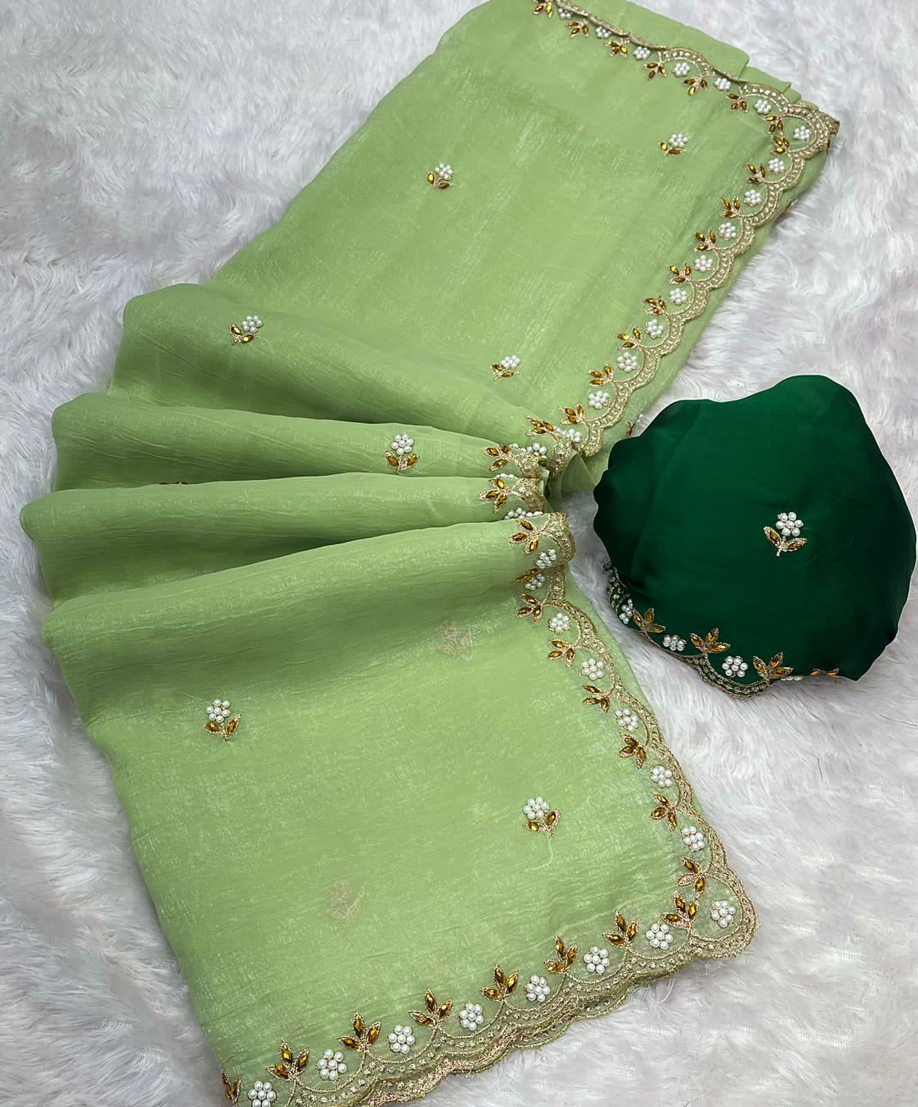 Crunchy Chiffon Crush Silk With Beautiful Embroidery Work Scalloped Zari Cut Work Border