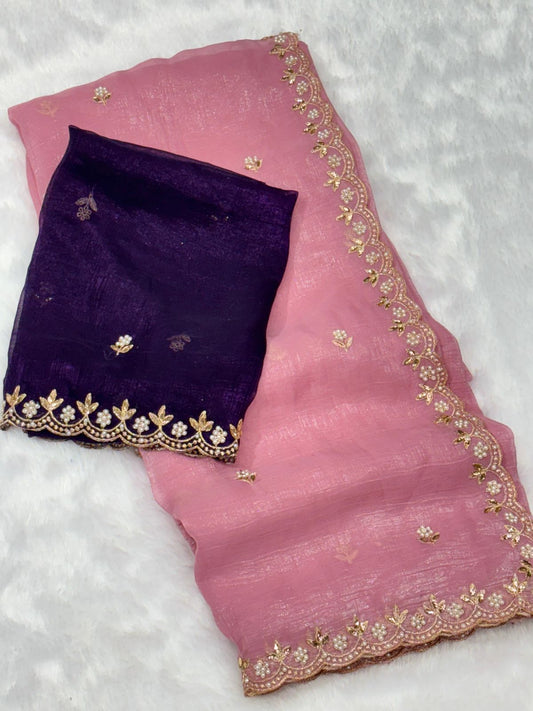 Crunchy Chiffon Crush Silk With Beautiful Embroidery Work Scalloped Zari Cut Work Border