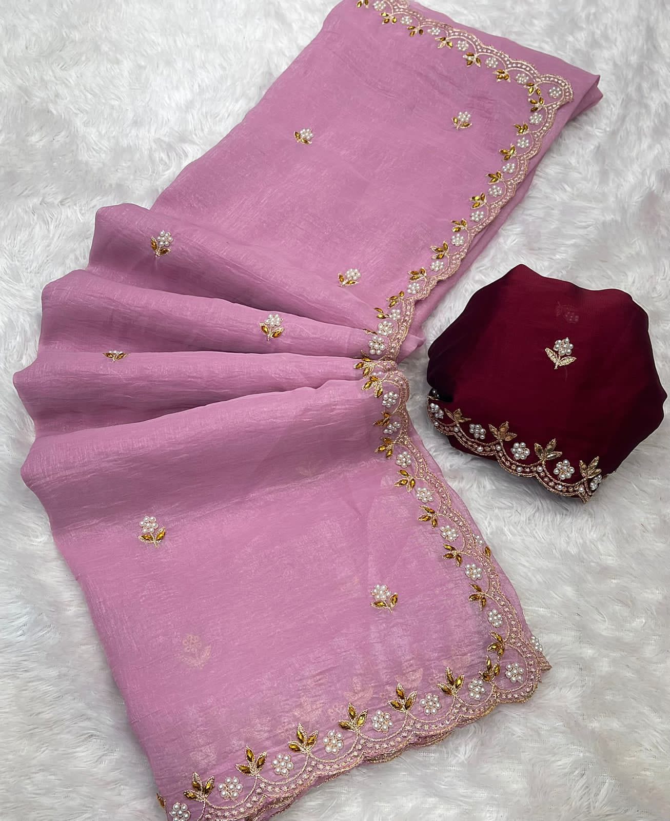 Crunchy Chiffon Crush Silk With Beautiful Embroidery Work Scalloped Zari Cut Work Border