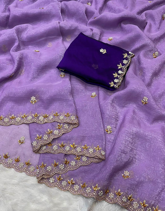 Crunchy Chiffon Crush Silk With Beautiful Embroidery Work Scalloped Zari Cut Work Border
