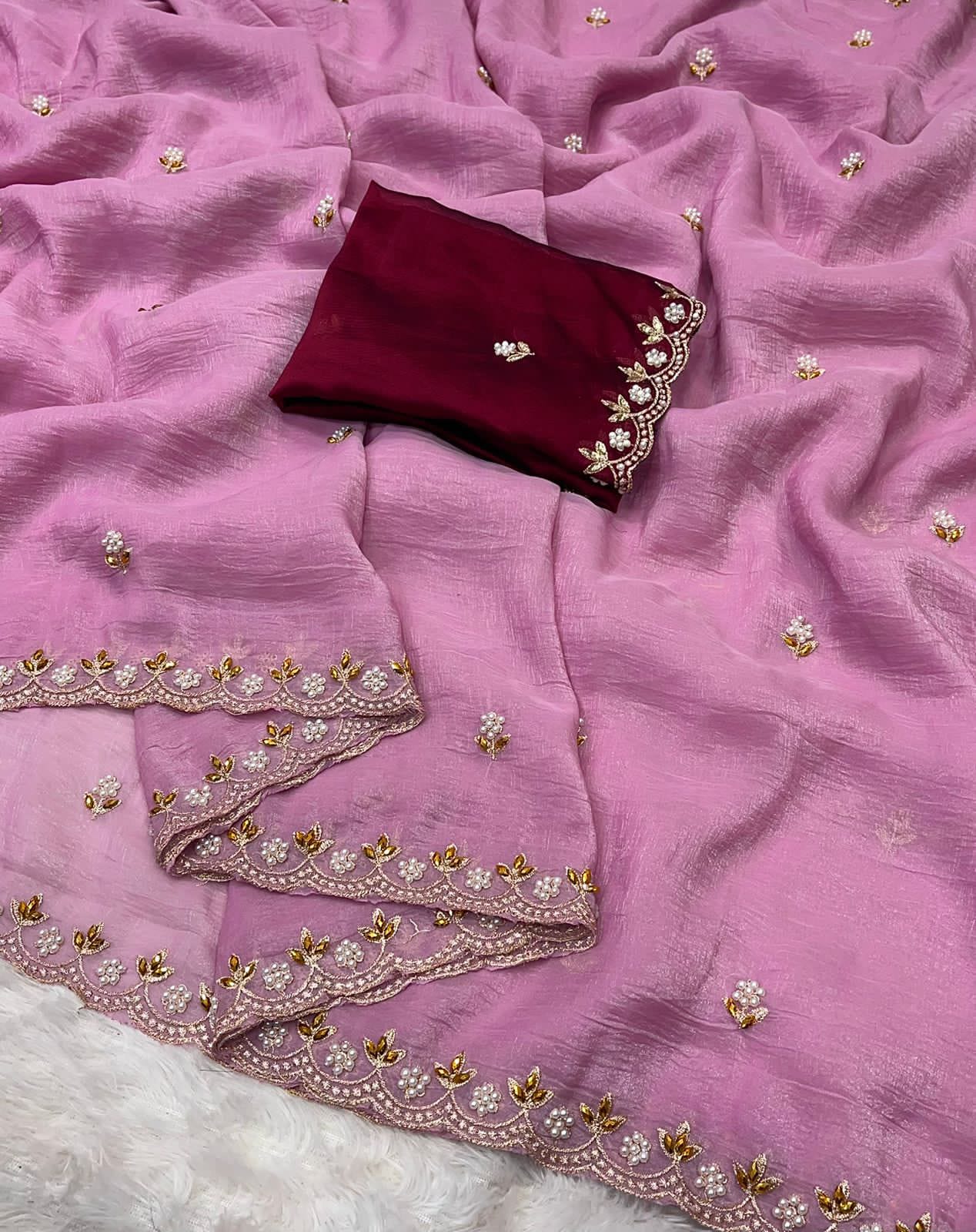 Crunchy Chiffon Crush Silk With Beautiful Embroidery Work Scalloped Zari Cut Work Border
