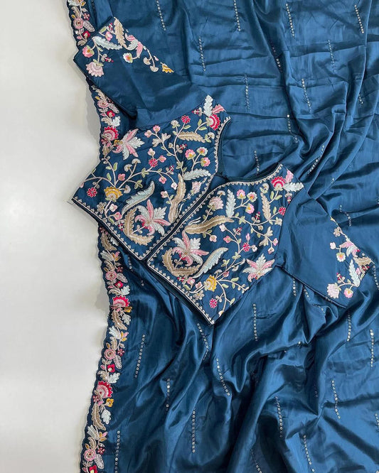 DESIGNER HEAVY EMBRODERY WORK WITH FULLY STICH BLOUSE SAREE 🚨