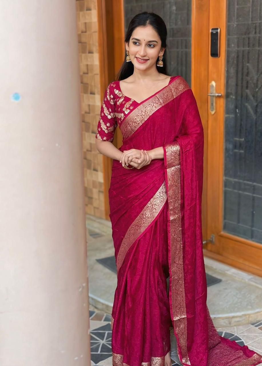 Viscose Chinon Weaving Pattern Saree With Dola Banarasi Silk Blouse