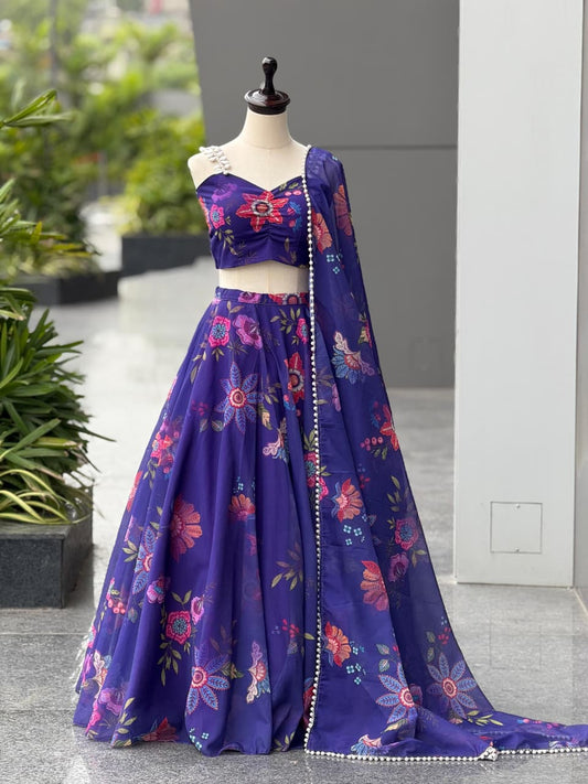 Pure organza silk digital printed lehnga. 8mtr flair lehnga with canvas patta