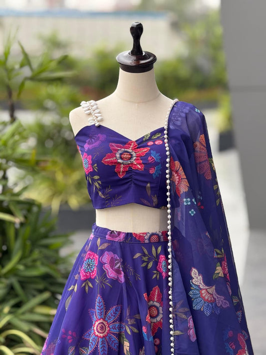 Pure organza silk digital printed lehnga. 8mtr flair lehnga with canvas patta