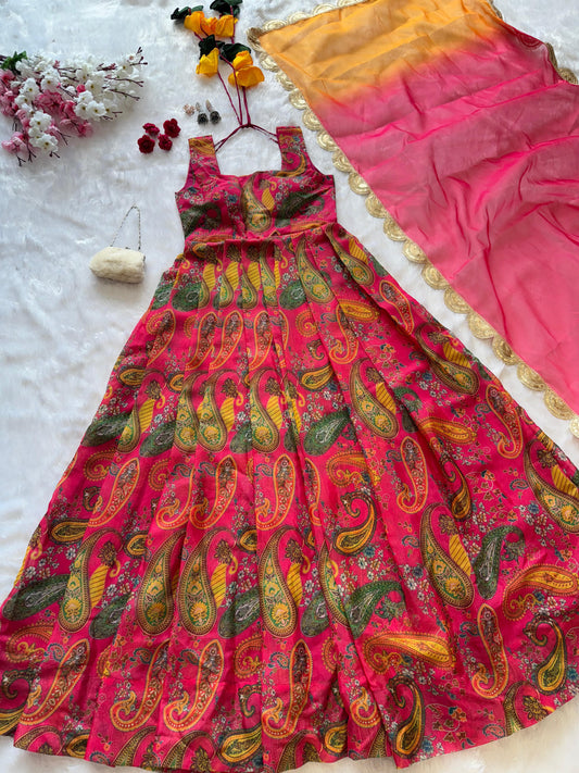 Digital printed Jimmy organza silk suit with huge flair
