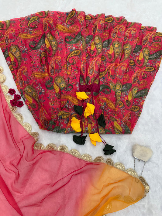 Digital printed Jimmy organza silk suit with huge flair
