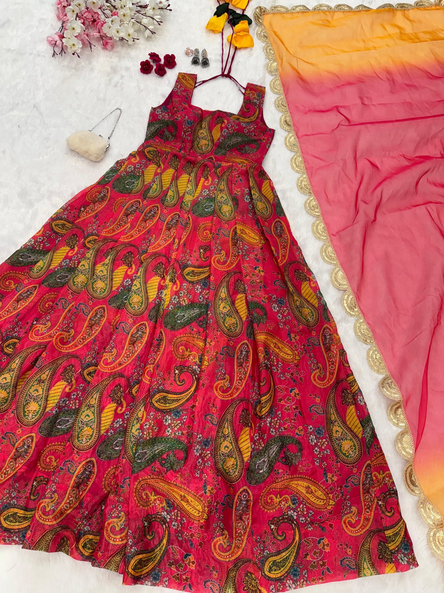 Digital printed Jimmy organza silk suit with huge flair