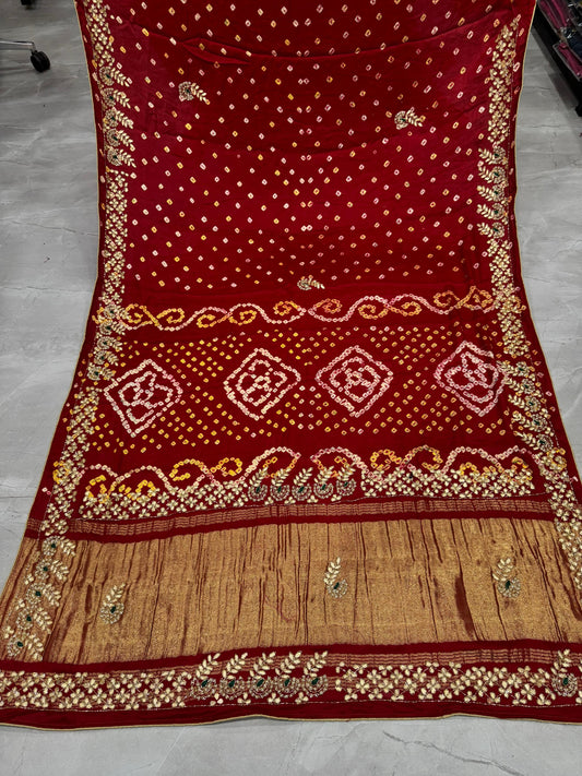 Gaji Silk Original Bandhani With Gota Pati Hand Work Saree ❤
