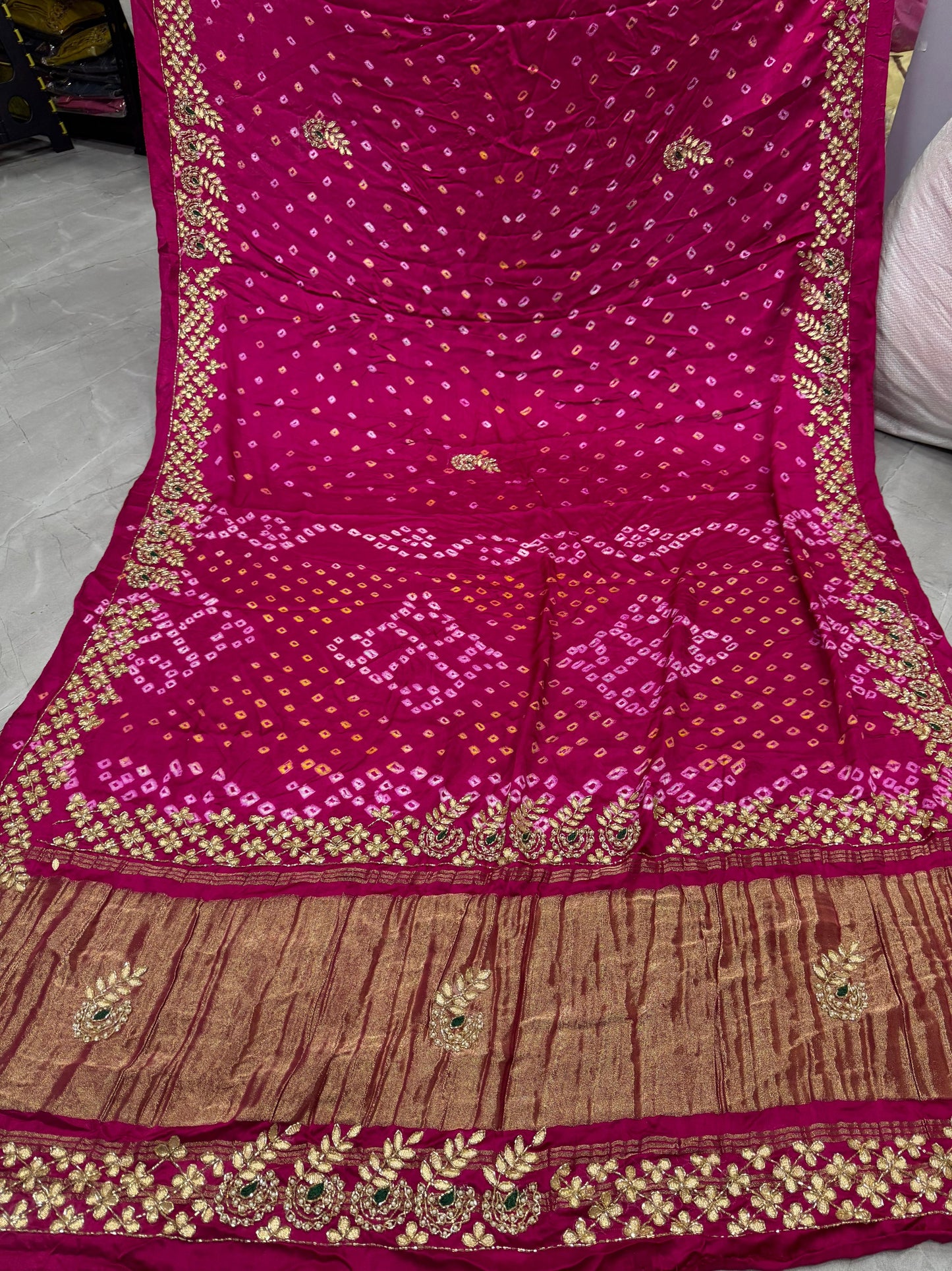 Gaji Silk Original Bandhani With Gota Pati Hand Work Saree ❤