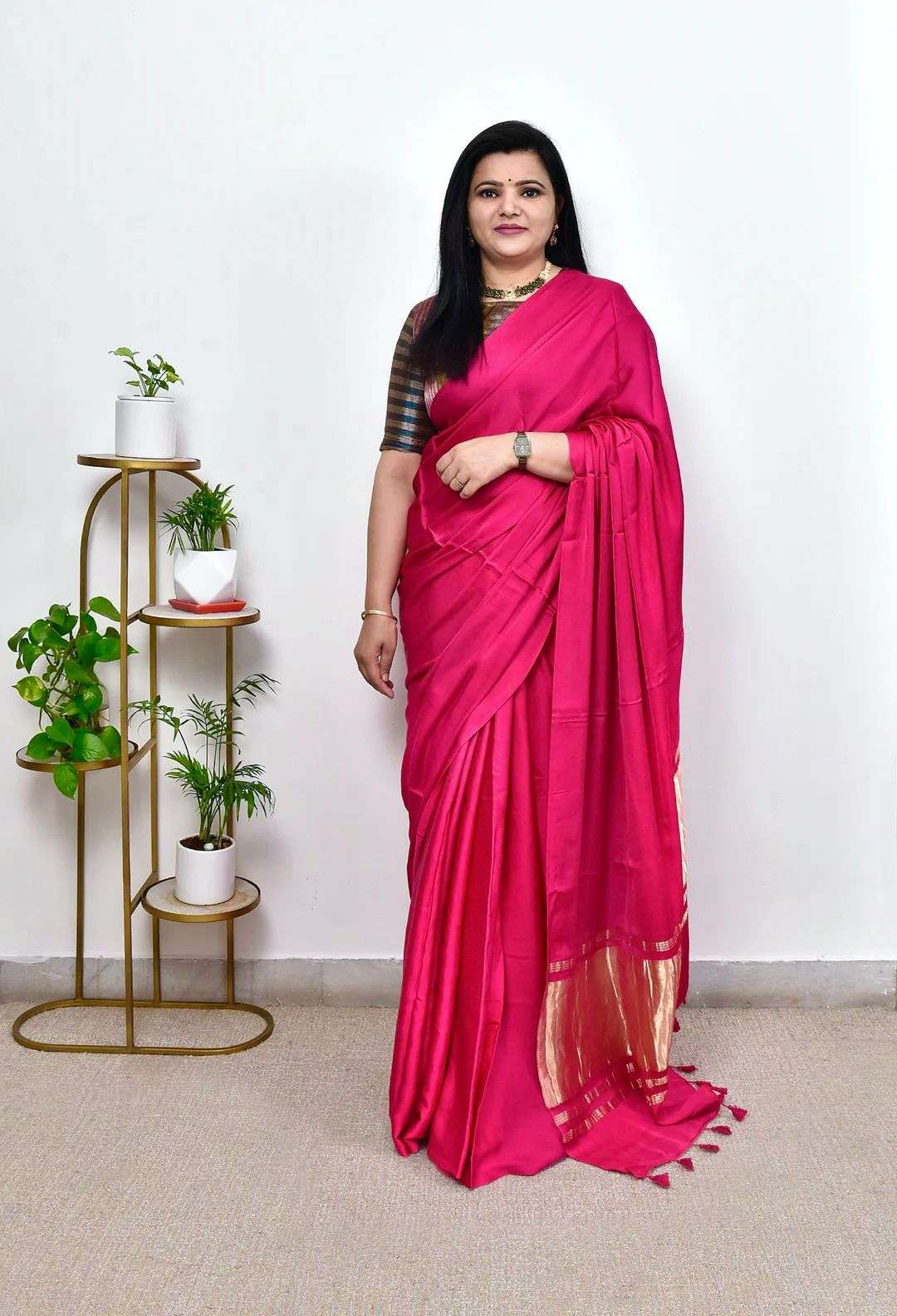 HOS Pure Gaji Silk Saree – Plain Saree with Original Lagdi Patta Pallu & Running Blouse - House Of ShiVisha