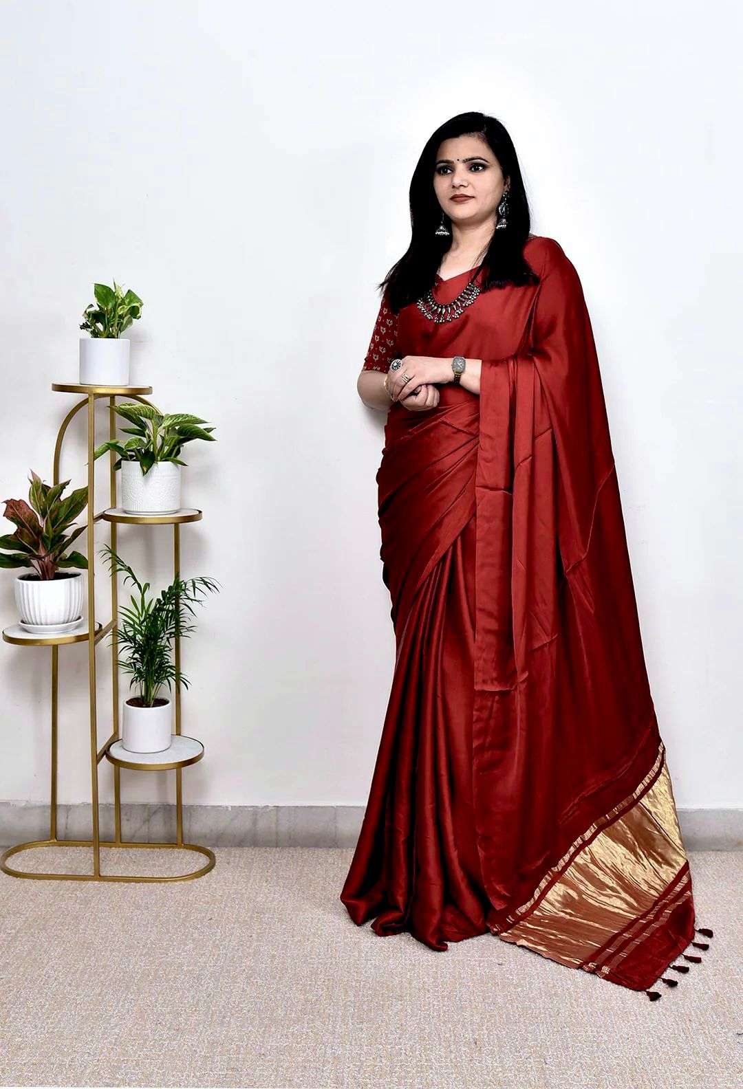 HOS Pure Gaji Silk Saree – Plain Saree with Original Lagdi Patta Pallu & Running Blouse - House Of ShiVisha