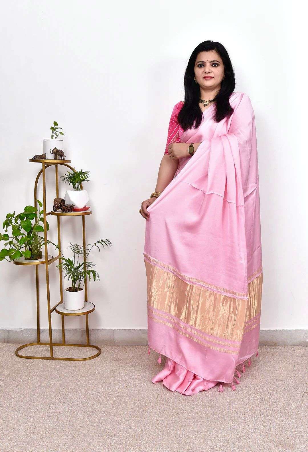 HOS Pure Gaji Silk Saree – Plain Saree with Original Lagdi Patta Pallu & Running Blouse - House Of ShiVisha