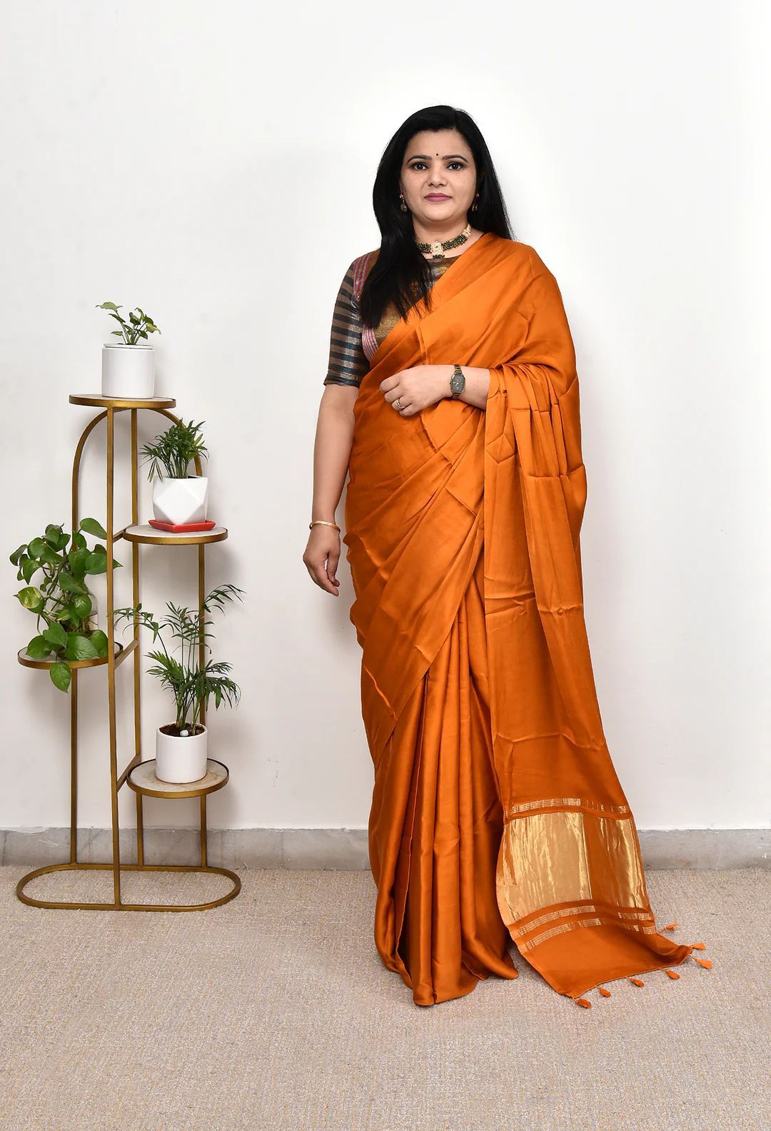 HOS Pure Gaji Silk Saree – Plain Saree with Original Lagdi Patta Pallu & Running Blouse